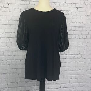 Misha Circle Puffed Balloon Sleeve Blouse Black Crew Neck Top Women's Size Large